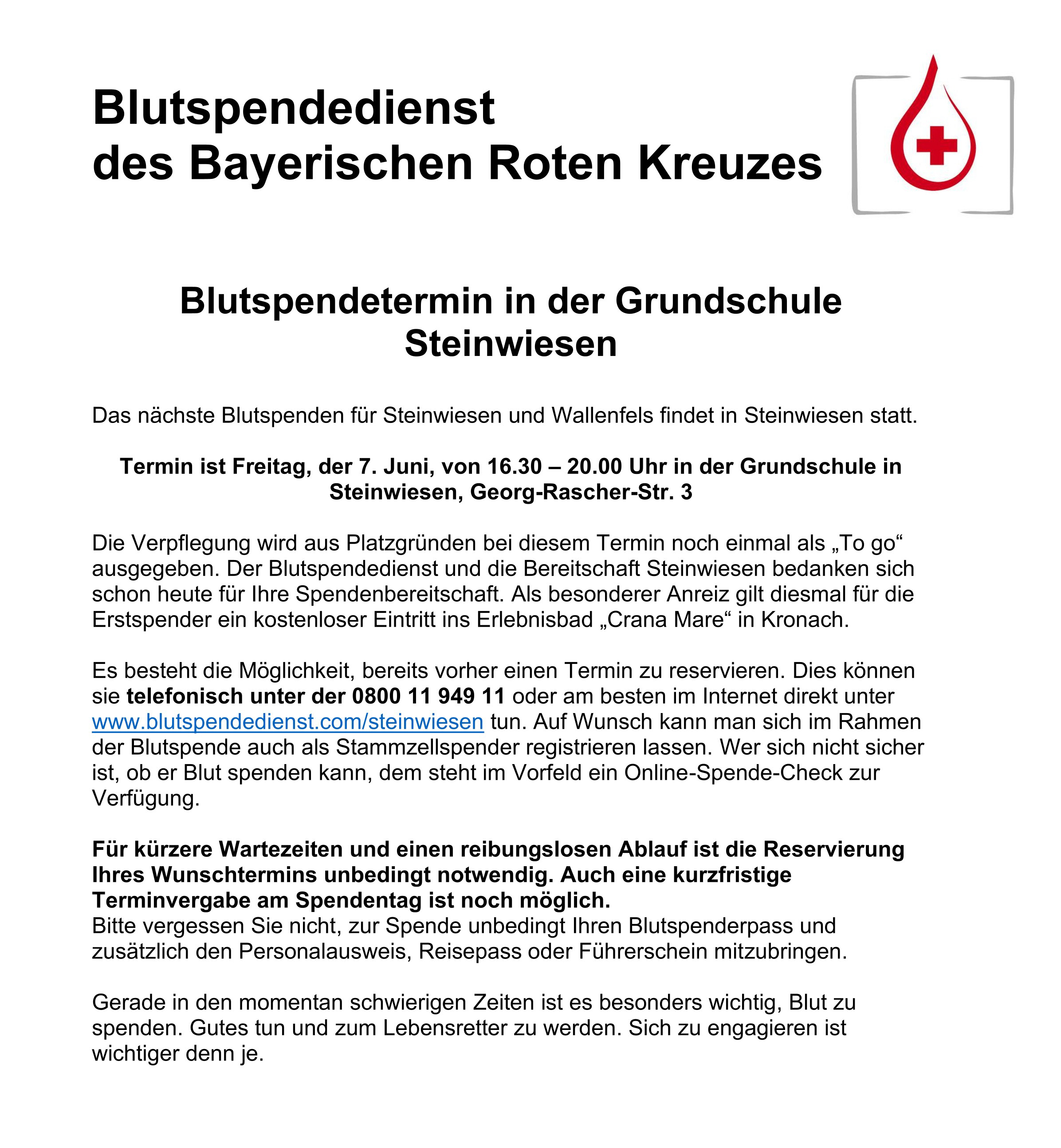 Blutspendetermin in Steinwiesen